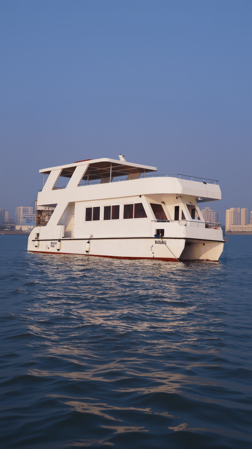 White houseboat on water with city skyline in the background