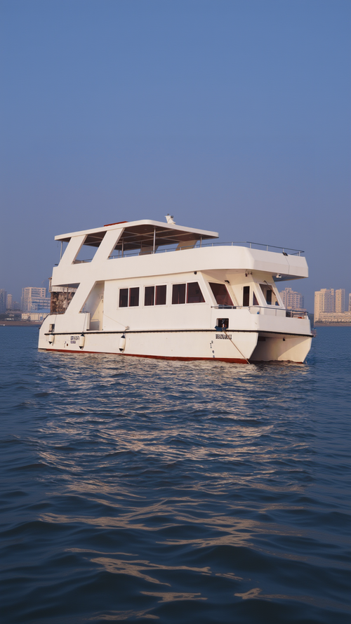 White houseboat on water with city skyline in the background