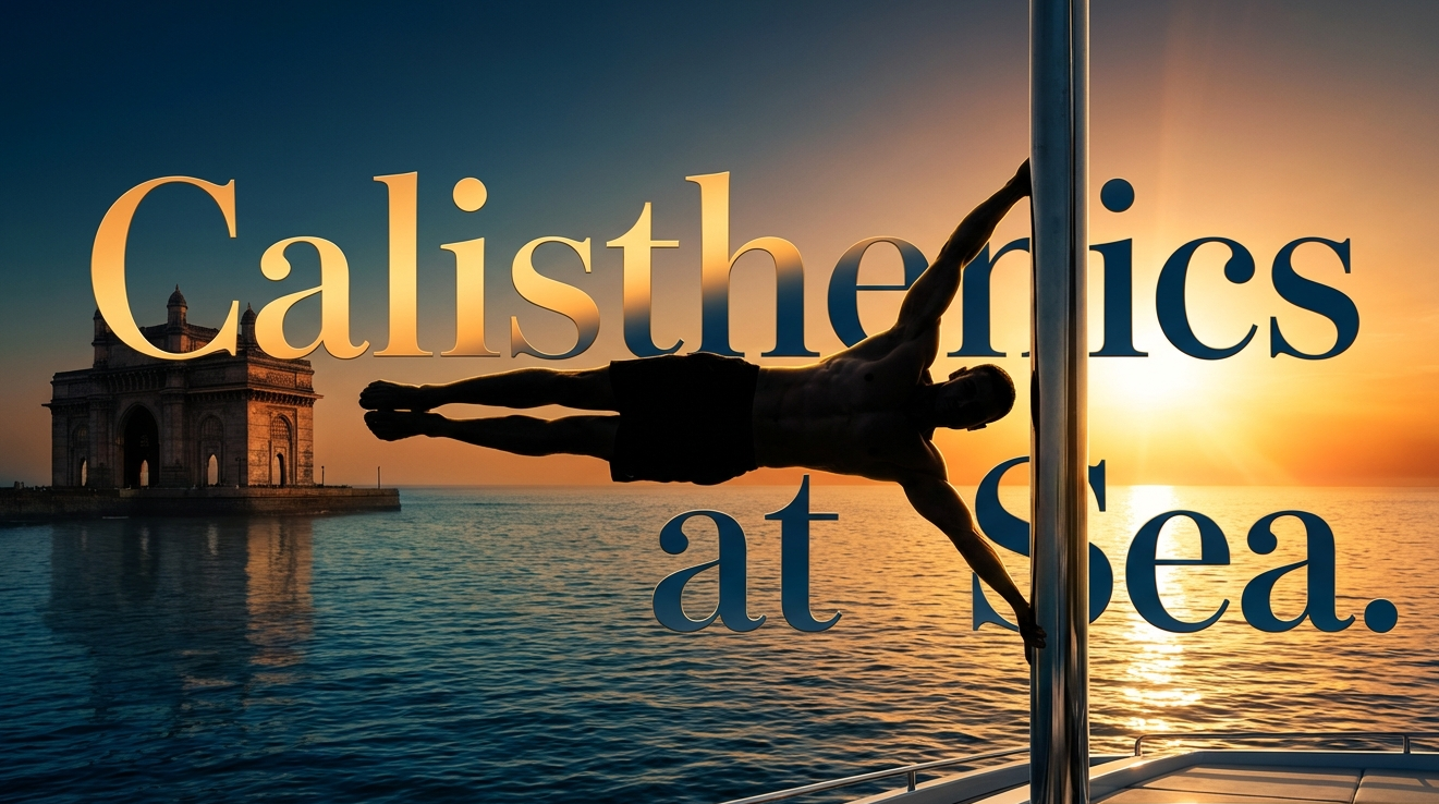 Person doing calisthenics on a pole with a sunset and architectural structure in the background.